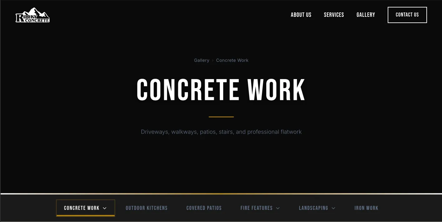 The Concrete Work category page on rockyconcreteinc.com: a top nav of service categories, with the Walkways & Steps photos showing 6 of 8 before a load-more.