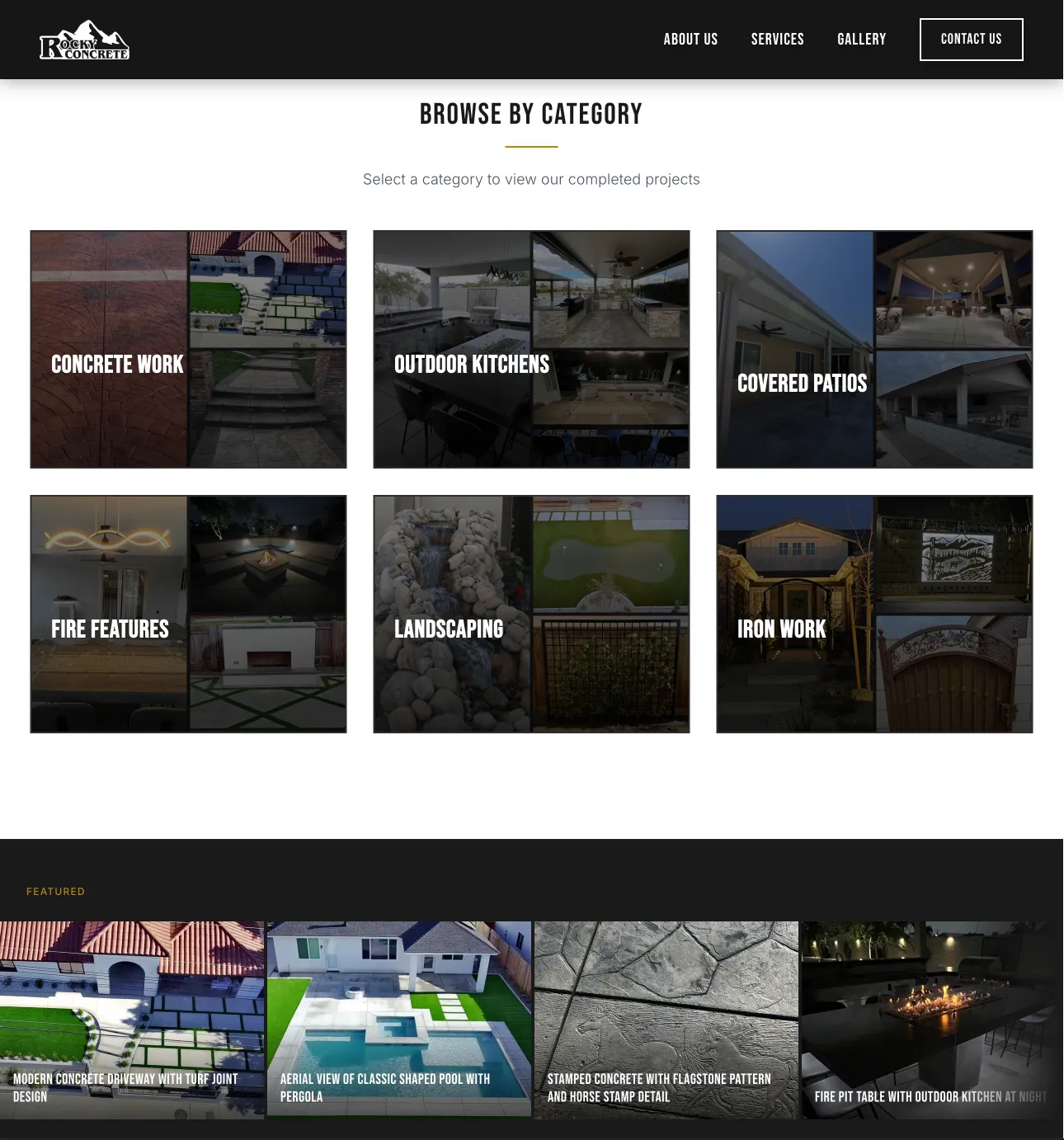 The gallery landing on rockyconcreteinc.com: a Browse by Category grid of six service categories, each with a cover photo, above a curated Featured strip.