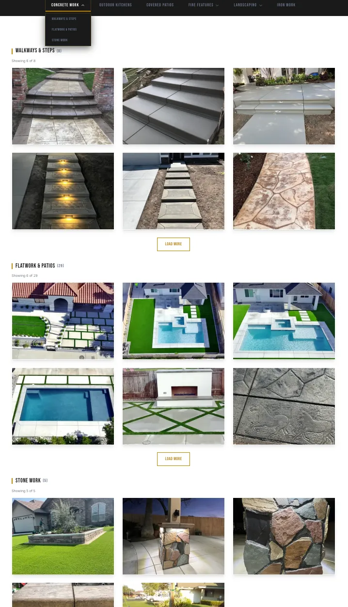 A category broken into subcategories (Walkways & Steps, Flatwork & Patios, Stone Work), each its own grid of finished jobs with a load-more.
