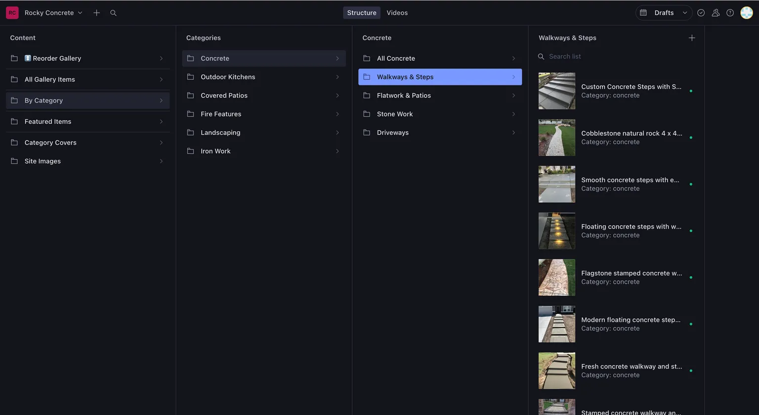 Sanity Studio on desktop showing the custom Content desk I built (Reorder Gallery, Featured Items, Category Covers, Site Images) next to a drill-down from Categories into Concrete, its Walkways & Steps subcategory, and the individual gallery items.